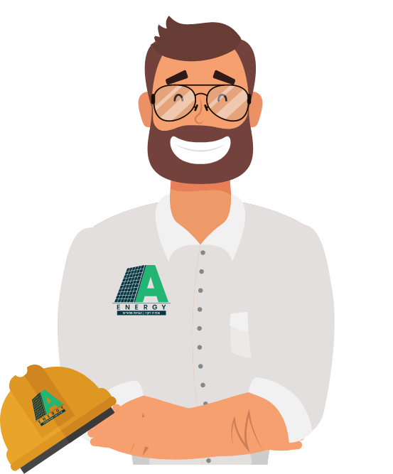 איור של איש מחייך עם זקן ומשקפיים מחזיק קסדה ביד עם לוגו של A-ENERGY